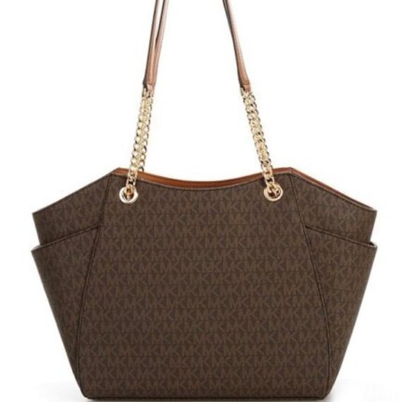 Michael Kors Jet Set Travel Logo Brown Large Shoulder Tote Gold Chain NWT - Picture 2 of 14